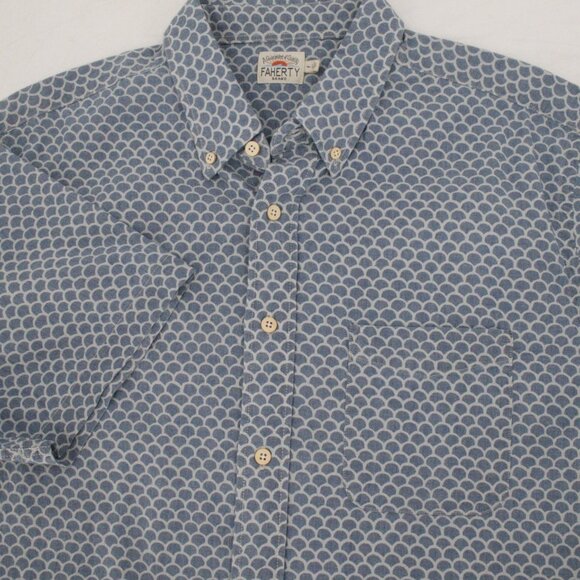 Faherty Shirt Large Fish Scales Indigo Dyed Short Sleeve Button Down casual - Picture 1 of 12